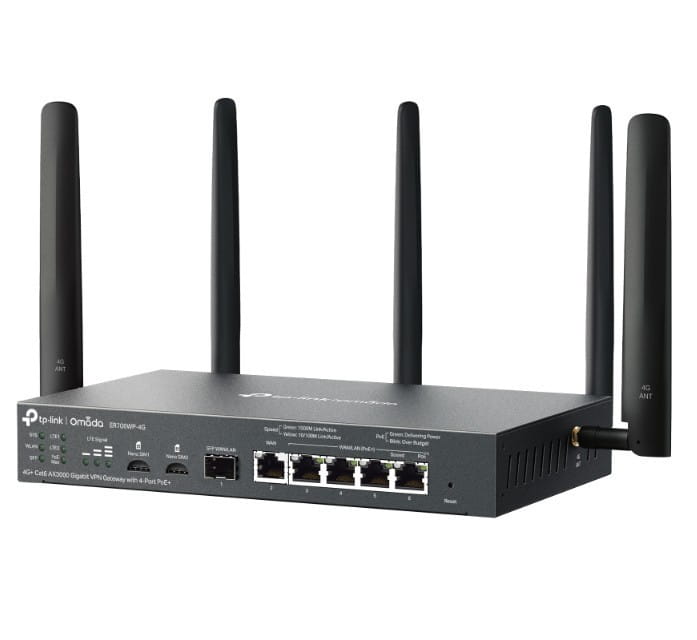 TP-LINK Brama sieciowa gigabitowa Omada 4G+ Cat6 AX3000 VPN with 4-Port PoE+PORT: 1× Gigabit SFP WAN/LAN Port, 1× Gigabit RJ45 WAN Port, 4× Gigabit WA