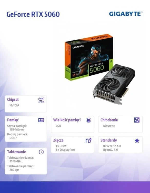 Gigabyte Karta graficzna GeForce RTX 5060 WINDFORCE OC 8G GDDR7 3DP/HDMI