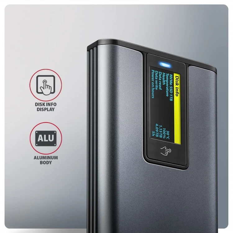 AXAGON EEM2-SD2 Obudowa zewnętrzna aluminiowa bezśrubowa USB-A/C 3.2 Gen2 M.2 NVMe/SATA display LCD