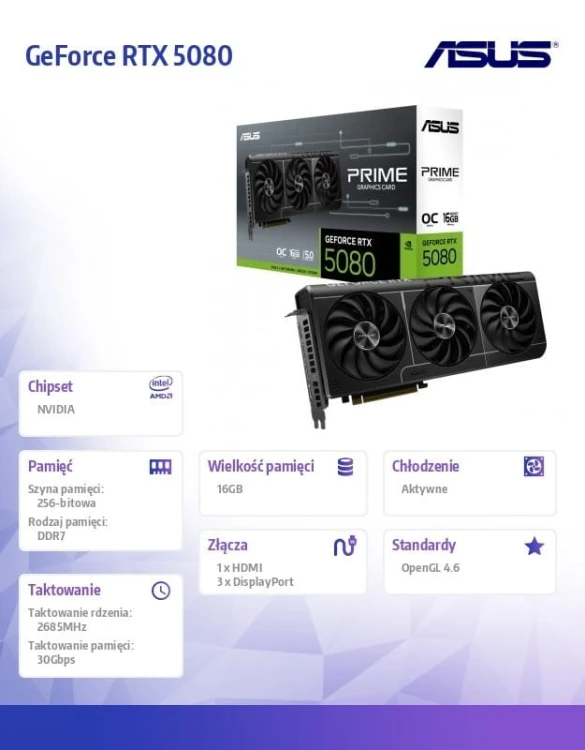 Asus Karta graficzna GeForce RTX 5080 Prime OC 16GB GDDR7 256bit 3DP/HDMI