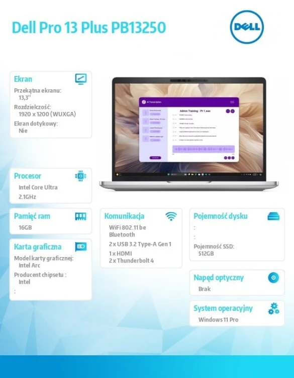 Dell Laptop Dell Pro 13 Plus PB13250 W11P Ultra 5 236V/16GB/512GB/13.3 FHD+/Arc/FgrPr&SmtCd/FHD/IRCam/Mic/WLAN only+BT/BcklKb/3C/vPro/3YPS Silver