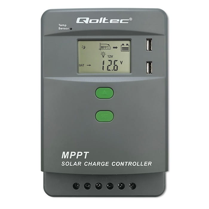 Qoltec Solarny regulator ładowania MPPT z czujnikiem temperatury 30A |  12V/24V | LCD | 2xUSB | Bluetooth | APP | GEL | LiFePO4
