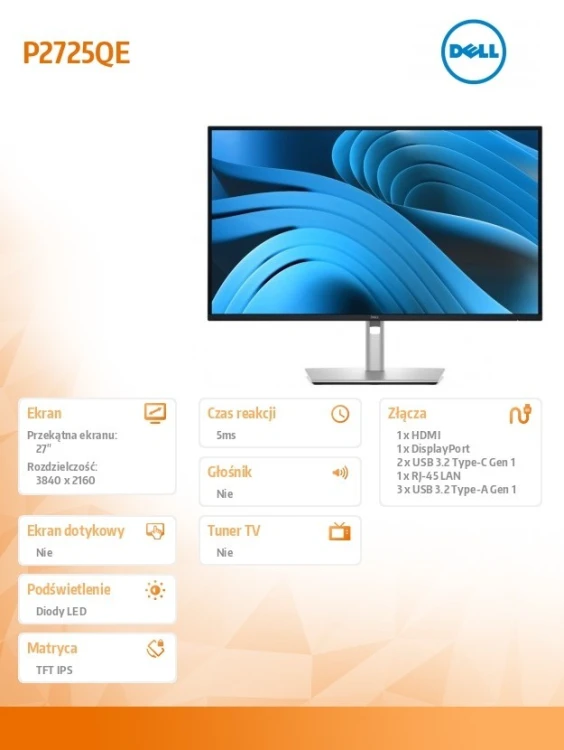 Dell Monitor 27 cali P2725QE IPS LED UHD 4K(3840x 2160)/16:9/HDMI/DP/USB-C/3xUSB/RJ45/3Y