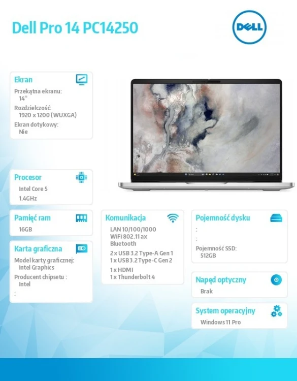 Dell Laptop Dell Pro 14 PC14250 W11P C5 220U/16GB/512GB/14.0 FHD+/INT/FgrPr/FHD/IRCam/Mic/WLAN+BT/BcklKb/3C/3YPS Platinum