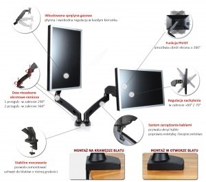 ART Uchwyt biurkowy na sprężynie gazowej do 2 monitorów LED/LCD 13-27 cali L-13GD