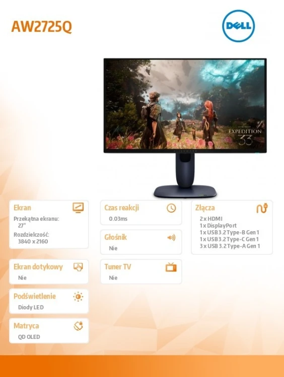 Dell Monitor Alienware AW2725Q 27.0 cali NVIDIA G-Sync Compatible 4K QD-OLED 240Hz/  DP/2xHDMI/USBC/3XUSB/3Y