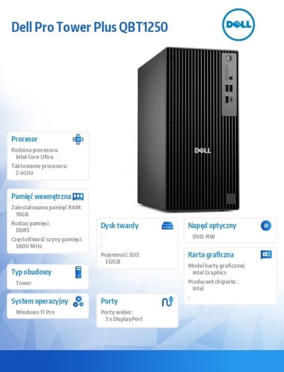 Dell Komputer Dell Pro Tower Plus QBT1250 W11Pro U7 265/16GB/512GB/Integrated/DVD RW +/-8x/Wireless Kb & Mouse/260W/3YPS