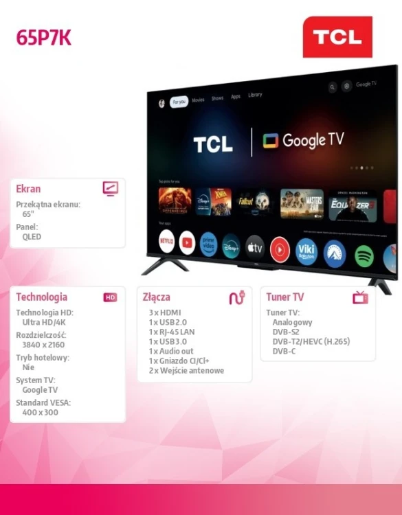 TCL Telewizor LED 65 cali 65P7K