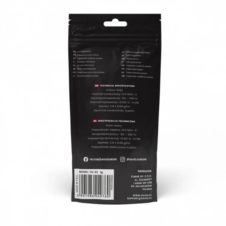 Savio Pasta termoprzewodząca Glacier 13,5 W/mK, 1g TG-03