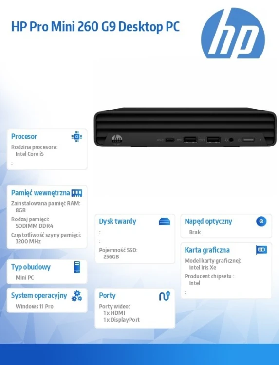 HP Inc. Komputer  Pro Mini 260 G9 i5-1335U 256GB/8GB/W11P       B6ZA7ET