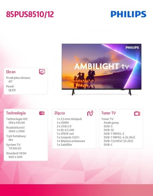 Philips Telewizor QLED 85 cali 85PUS8510/12