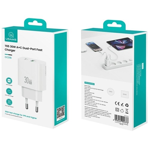 USAMS Ładowarka sieciowa 30W 1xUSB-C 1xUSB-A Fast charging Biała