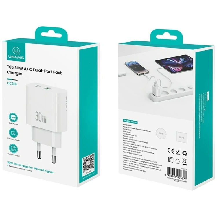 USAMS Ładowarka sieciowa 30W 1xUSB-C 1xUSB-A Fast charging Biała