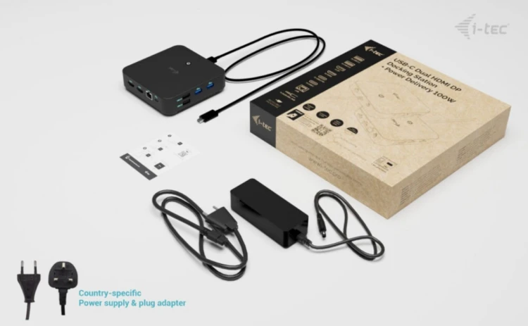 i-tec Stacja dokująca USB-C DP Dual HDMI Power Delivery 100W + Uniwersalna Ładowarka 100W