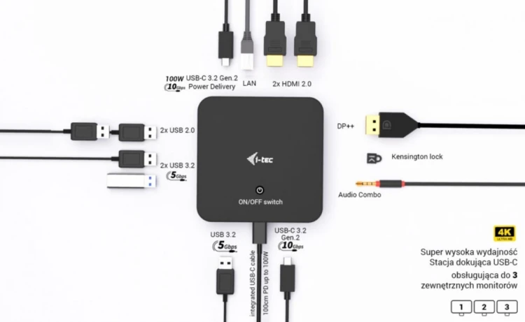 i-tec Stacja dokująca USB-C DP Dual HDMI Power Delivery 100W + Uniwersalna Ładowarka 100W