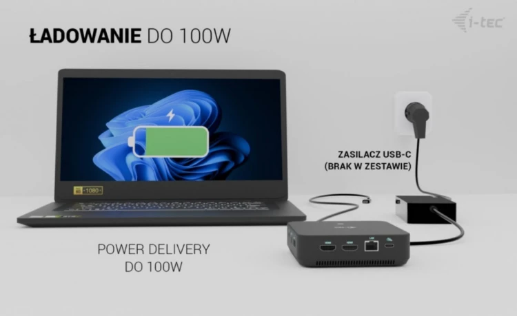 i-tec Stacja dokująca USB-C DP Dual HDMI Power Delivery 100W + Uniwersalna Ładowarka 100W