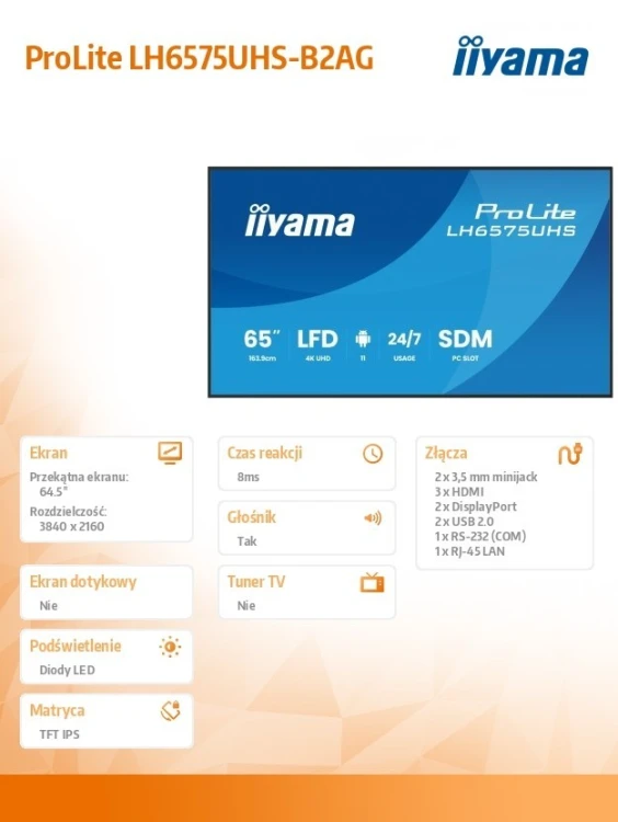 IIYAMA Monitor 65 cali LH6575UHS-B2AG,24/7,IPS,ANDROID.11,4K,  WiFi,         iiSignage2, FailOver, EShare, 24/7, full daisy chain