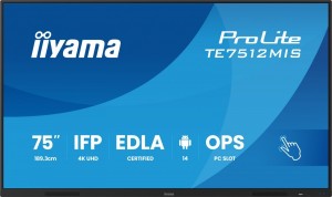 IIYAMA Monitor 75 cali TE7512MIS-B4AG  40pkt,IPS,4K,24/7,7H,                ANDROID 14, RK3576, 8/128GB, EDLA, Essential