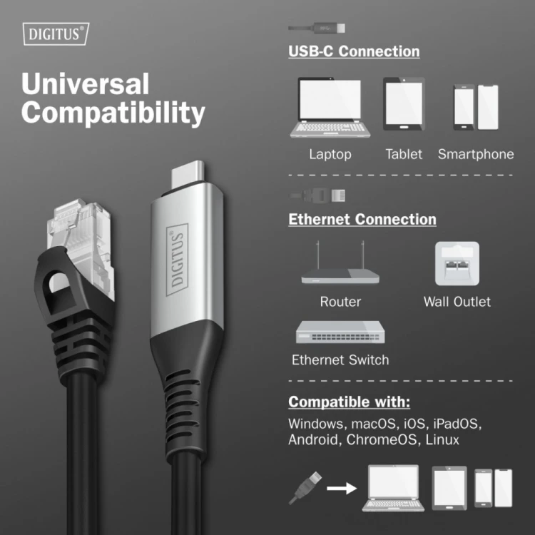 Digitus Kabel adapter USB-C - RJ45 Kat. 6A S/FTP, 1 Gbit/s, USB 3.2 Gen1, LSZH, 2m