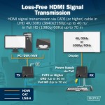 Digitus Przedłużacz (extender) po skrętce kat.6 HDMI 4K/30Hz z KVM USB 1.1 do 40m/70m, max. 253 odbiorniki, sterowanie IR - zestaw (odbiornik/nadajnik