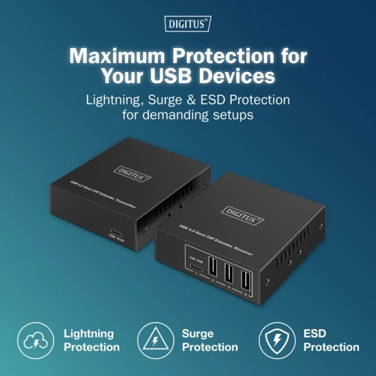 Digitus Przedłużacz (extender) po skrętce kat.6A  USB 3.1 Gen1 do 100m, 3x USB-A, 1x USB-C do 5 Gbps, 1x RJ45 (Gigabit Ethernet) - zestaw (odbiornik/n