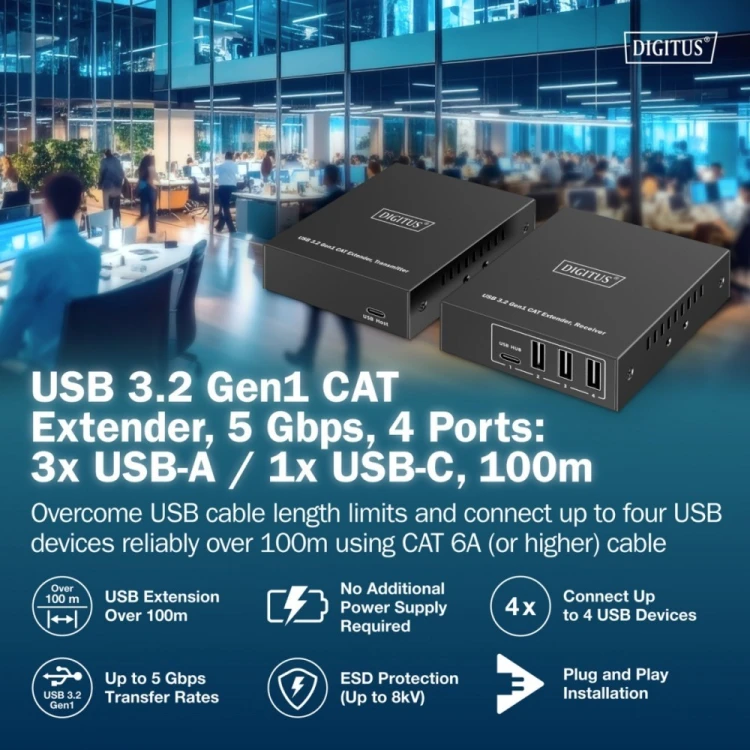 Digitus Przedłużacz (extender) po skrętce kat.6A  USB 3.1 Gen1 do 100m, 3x USB-A, 1x USB-C do 5 Gbps, 1x RJ45 (Gigabit Ethernet) - zestaw (odbiornik/n