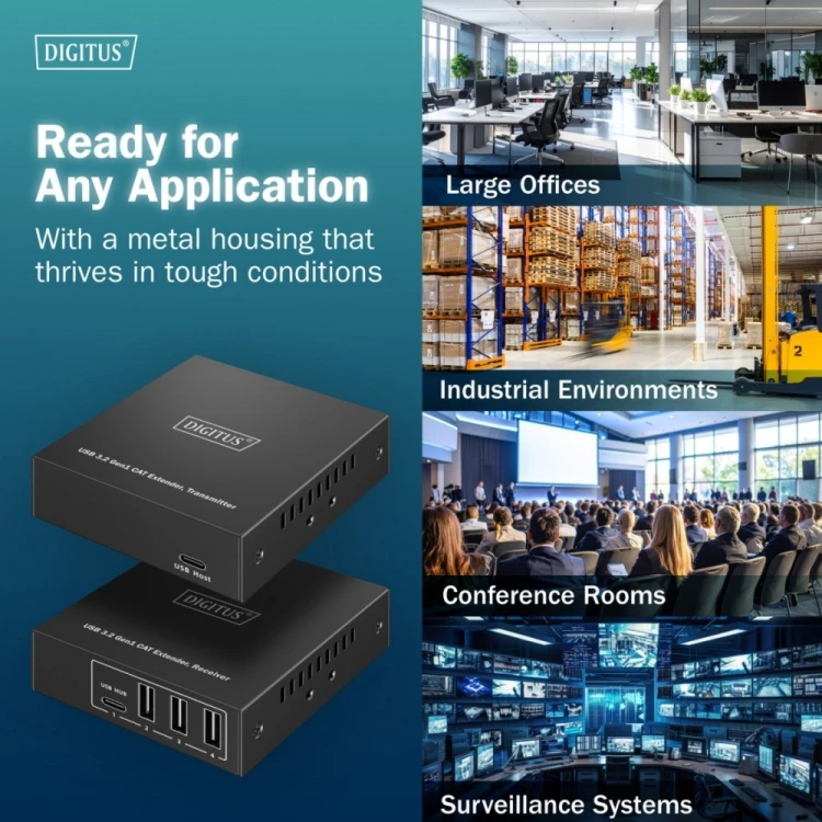 Digitus Przedłużacz (extender) po skrętce kat.6A  USB 3.1 Gen1 do 100m, 3x USB-A, 1x USB-C do 5 Gbps, 1x RJ45 (Gigabit Ethernet) - zestaw (odbiornik/n