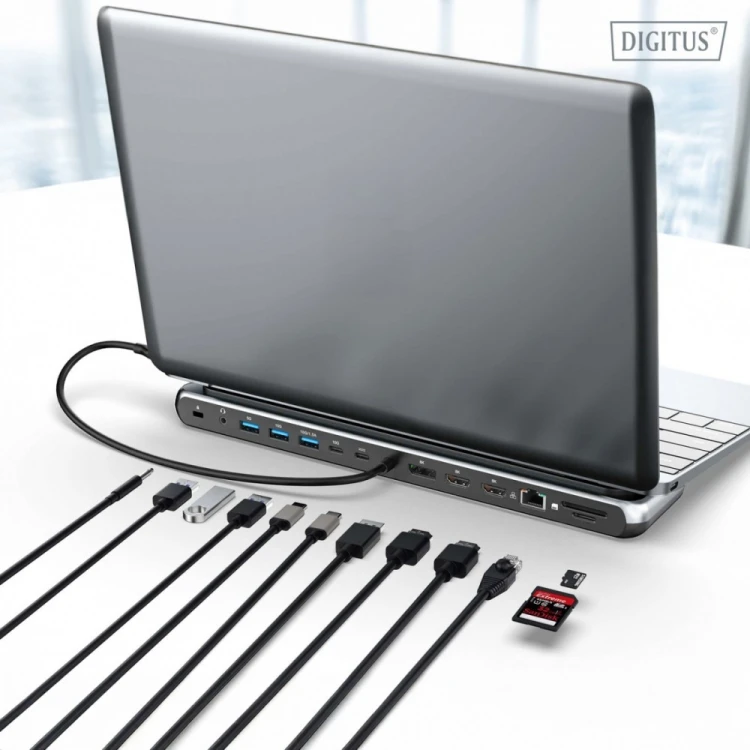Digitus Stacja dokująca USB-C 12 portowa, max. 8K/30Hz z HDR, HDMI, DP, max. 3 monitory (MST), USB-C 3.2 Gen2, Gigabit Ethernet, SD/Micro SD, PD 100W