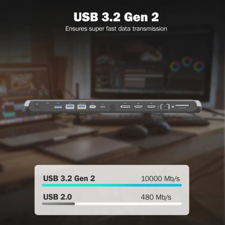 Digitus Stacja dokująca USB-C 12 portowa, max. 8K/30Hz z HDR, HDMI, DP, max. 3 monitory (MST), USB-C 3.2 Gen2, Gigabit Ethernet, SD/Micro SD, PD 100W