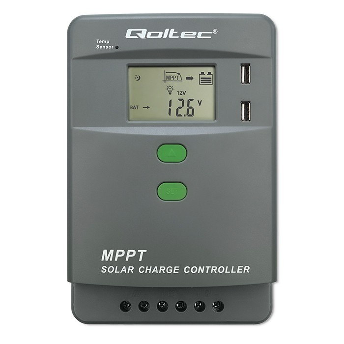 Qoltec Solarny regulator ładowania MPPT z czujnikiem temperatury 10A |  12V/24V | LCD | 2xUSB | Bluetooth | APP | GEL | LiFePO4