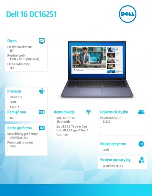 Dell Laptop Dell 16 DC16251 W11P C5 120U/16GB/512GB/16.0 FHD+/Int/FgrPr/WLAN + BT/Backlit Kb/4 Cell/3YPS Midnight Blue