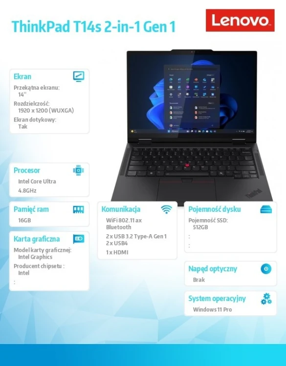 Lenovo Ultrabook ThinkPad T14s 2in1 G1 21R30040PB W11Pro ULT5 225U/16GB/512GB/INT/14.0 WUXGA/Touch/Black/3YRS Premier Support + CO2 Offset