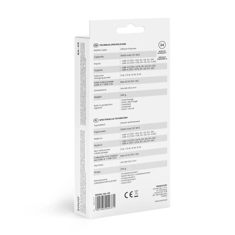 Savio Powerbank bezprzewodowy 10000 mAh, BA-09