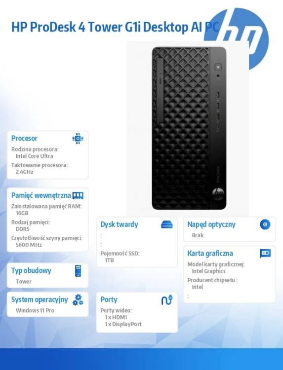 HP Inc. ProDesk 4 Tower G1i Desktop AI PC U7-265 1TB/16/W11P      9H7U8ET