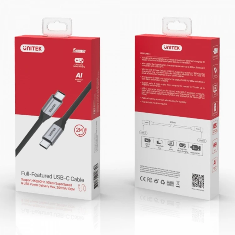 Unitek Kabel USB-C - USB-C PD 100W, 5Gbps, 4K60Hz, 2m, M/M; C14091ABK
