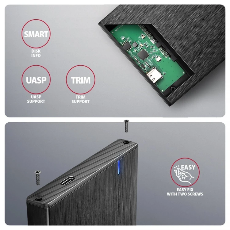 AXAGON EE25-XA6C Obudowa zewnętrzna aluminiowa, USB-C 3.2 Gen 1 SATA 6G 2.5" 5Gbps