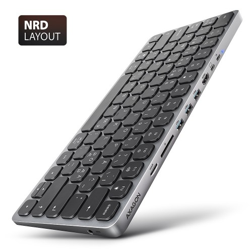 AXAGON Klawiatura HMC-KB-NRD USB-C 5Gbps z wieloportowy hub 9in1, SD/microSD, 3x USB-A, HDMI 4K/60Hz, PD 100W, Audio, Nordic layout, 60cm USB-C kabel