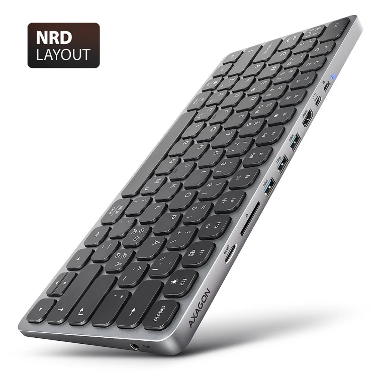 AXAGON Klawiatura HMC-KB-NRD USB-C 5Gbps z wieloportowy hub 9in1, SD/microSD, 3x USB-A, HDMI 4K/60Hz, PD 100W, Audio, Nordic layout, 60cm USB-C kabel