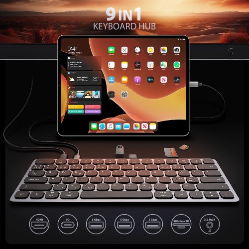 AXAGON Klawiatura HMC-KB-NRD USB-C 5Gbps z wieloportowy hub 9in1, SD/microSD, 3x USB-A, HDMI 4K/60Hz, PD 100W, Audio, Nordic layout, 60cm USB-C kabel