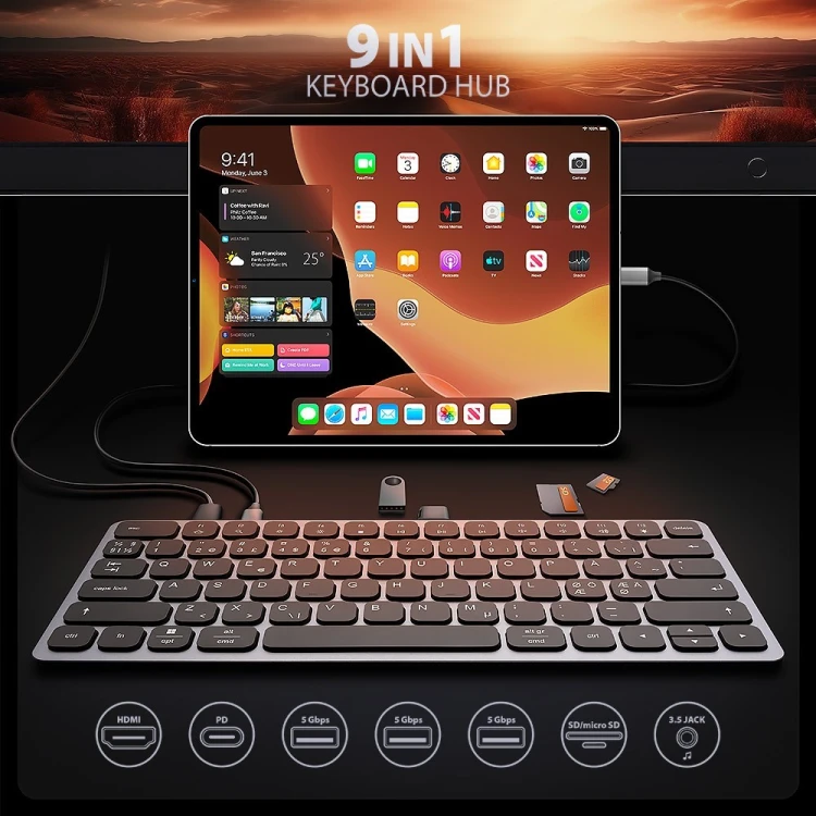 AXAGON Klawiatura HMC-KB-NRD USB-C 5Gbps z wieloportowy hub 9in1, SD/microSD, 3x USB-A, HDMI 4K/60Hz, PD 100W, Audio, Nordic layout, 60cm USB-C kabel