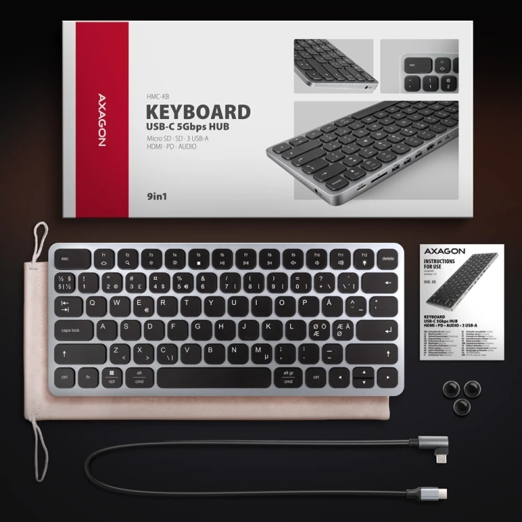 AXAGON Klawiatura HMC-KB-NRD USB-C 5Gbps z wieloportowy hub 9in1, SD/microSD, 3x USB-A, HDMI 4K/60Hz, PD 100W, Audio, Nordic layout, 60cm USB-C kabel