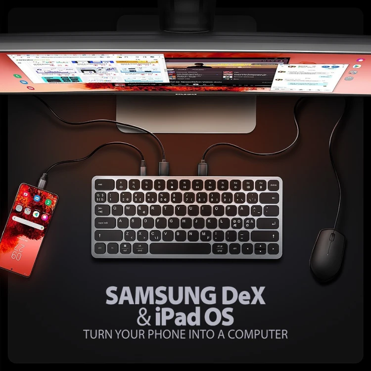 AXAGON Klawiatura HMC-KB-NRD USB-C 5Gbps z wieloportowy hub 9in1, SD/microSD, 3x USB-A, HDMI 4K/60Hz, PD 100W, Audio, Nordic layout, 60cm USB-C kabel