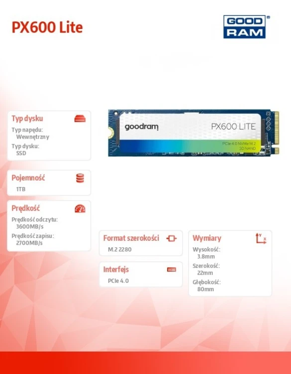 GOODRAM Dysk SSD PX600 Lite 1TB Gen4x4 NMVe 2280 3600/2700MB/s