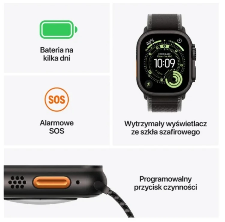 Apple Watch Ultra 3 GPS + Cellular, koperta 49 mm z tytanu w kolorze czarnym, opaska Alpine w kolorze czarnym - rozmiar L