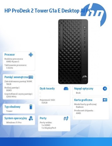 HP Inc. Komputer ProDesk 2 Tower G1a R5-8500G 512GB/16GB/W11P      BY7C7ET
