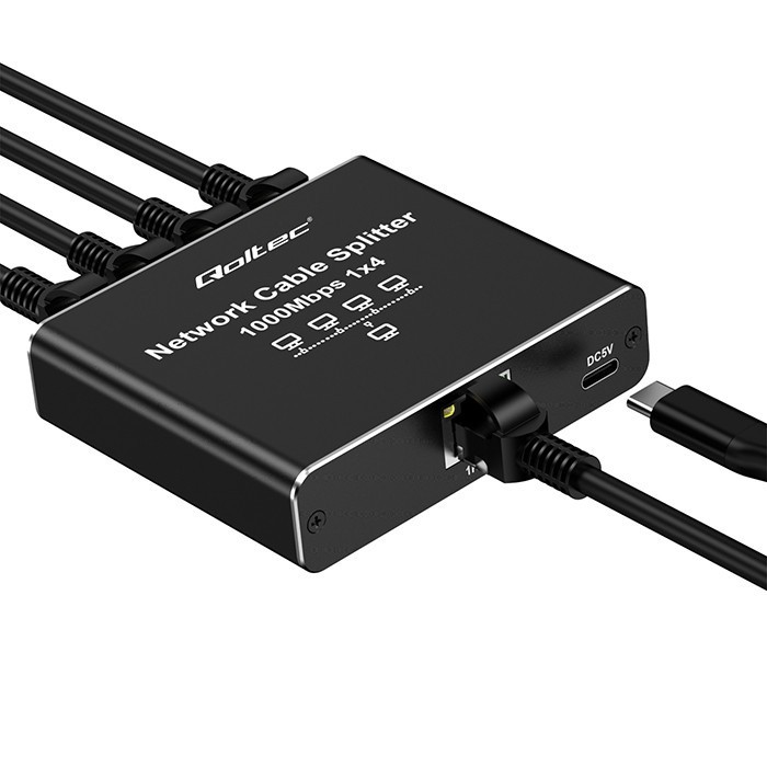 Qoltec Rozdzielacz splitter Ethernet  mini SWITCH 1x4 RJ45 | 1000Mb/s | USB-C | Aluminium