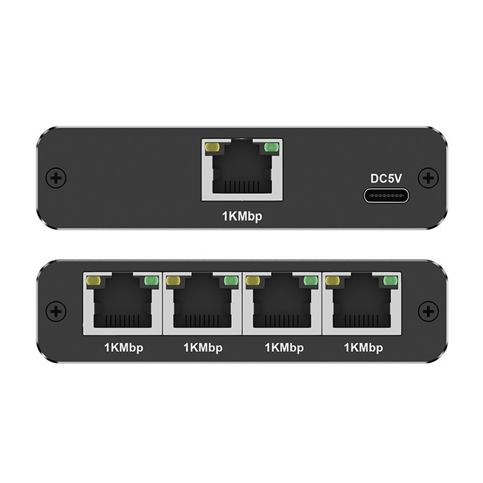 Qoltec Rozdzielacz splitter Ethernet  mini SWITCH 1x4 RJ45 | 1000Mb/s | USB-C | Aluminium