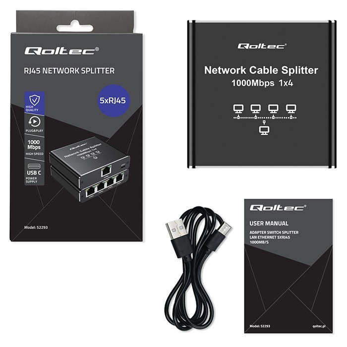 Qoltec Rozdzielacz splitter Ethernet  mini SWITCH 1x4 RJ45 | 1000Mb/s | USB-C | Aluminium