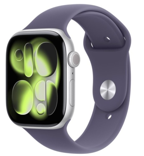 Apple Watch Series 11 GPS koperta 46 mm z aluminium w kolorze srebrnym, pasek sportowy w kolorze mlecznego fioletu - rozmiar S/M