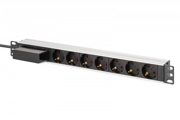 Digitus Listwa zasilająca PDU Rack 19" z wyłącznikiem nadprądowym Typ C 16A, 7 gniazd Schuko CEE 7/3 (45°), kabel 1,8m wtyk Unischuko CEE 7/7, 16A, al